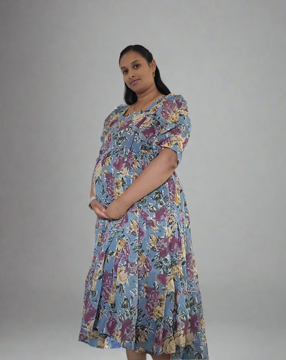 Sky Blue with Purple & Gold Roses Maxi Dress