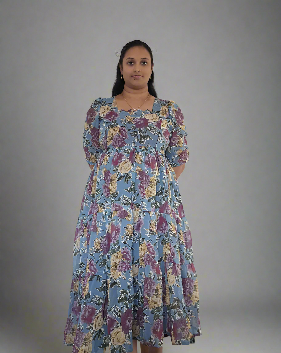 Sky Blue with Purple & Gold Roses Maxi Dress
