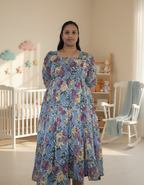 Sky Blue with Purple & Gold Roses Maxi Dress