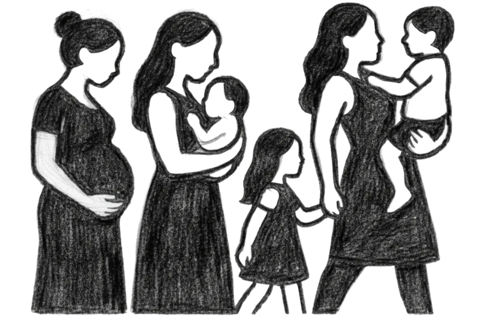 Illustration of a pregnant woman, a woman holding a baby, and two women with children on a white background.