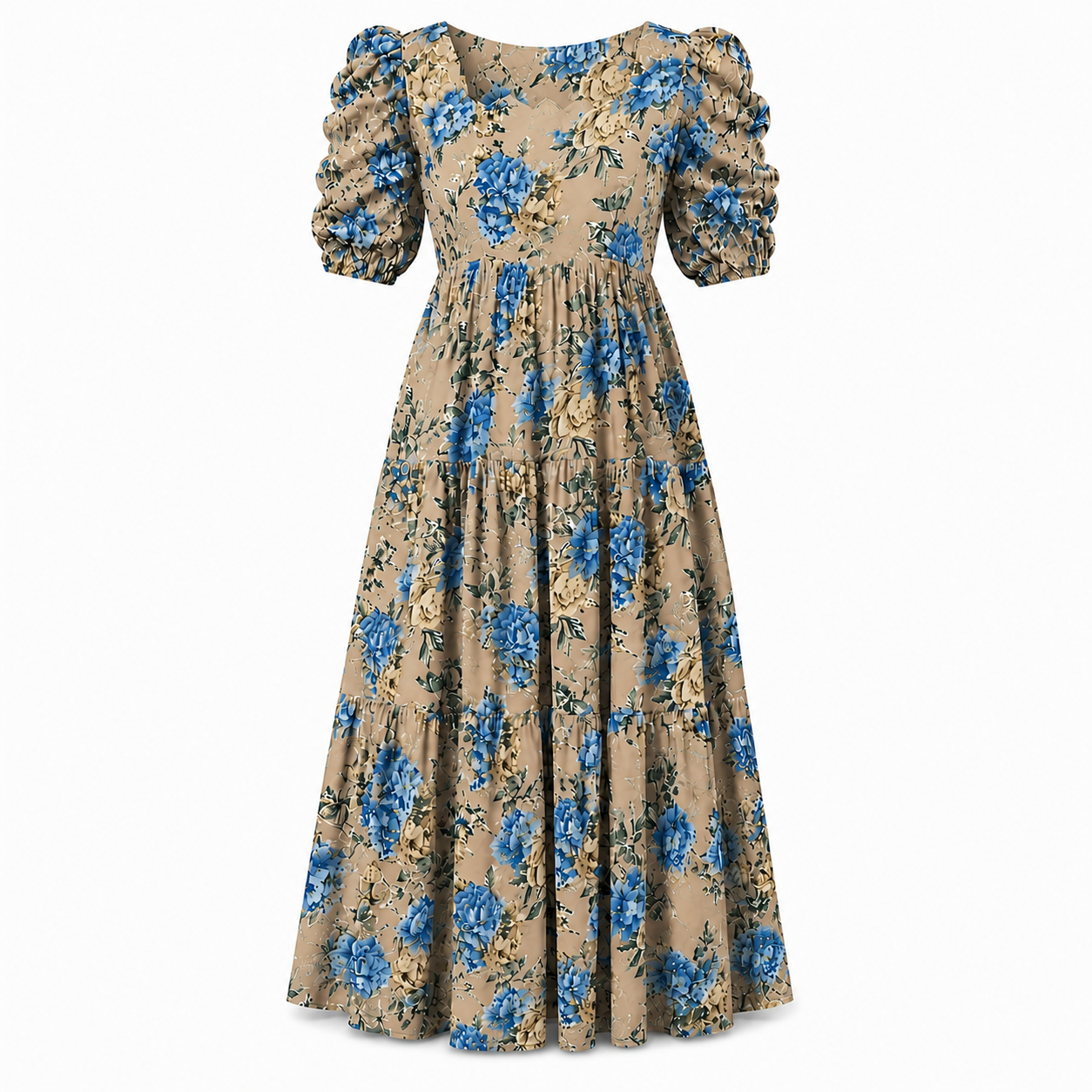 Beige with Blue & Gold Roses Maxi Dress