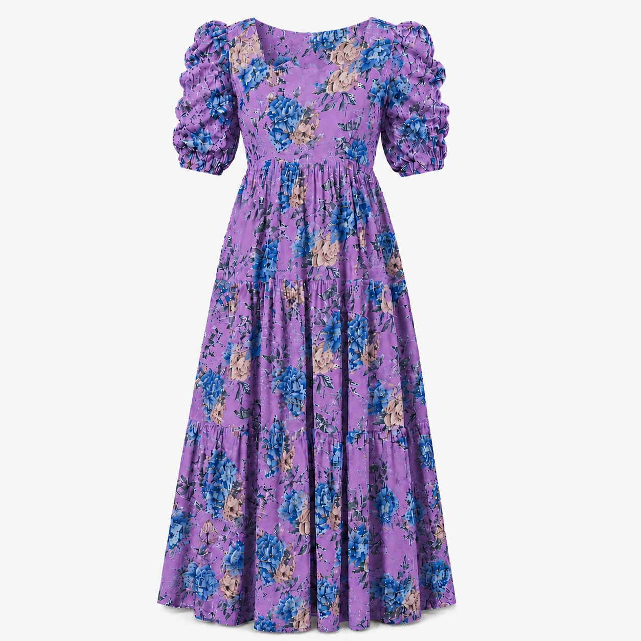 Purple with Blue & Gold Roses Maxi Dress