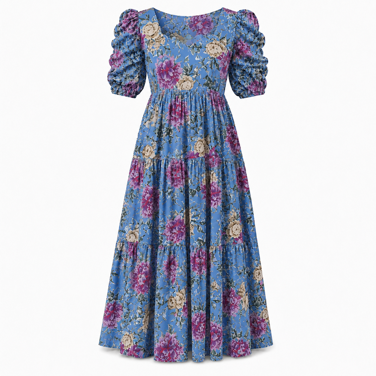 Sky Blue with Purple & Gold Roses Maxi Dress