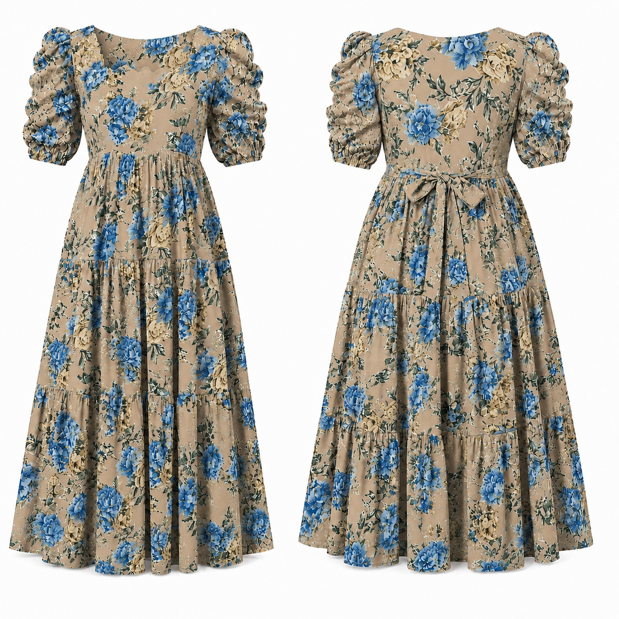 Beige with Blue & Gold Roses Maxi Dress