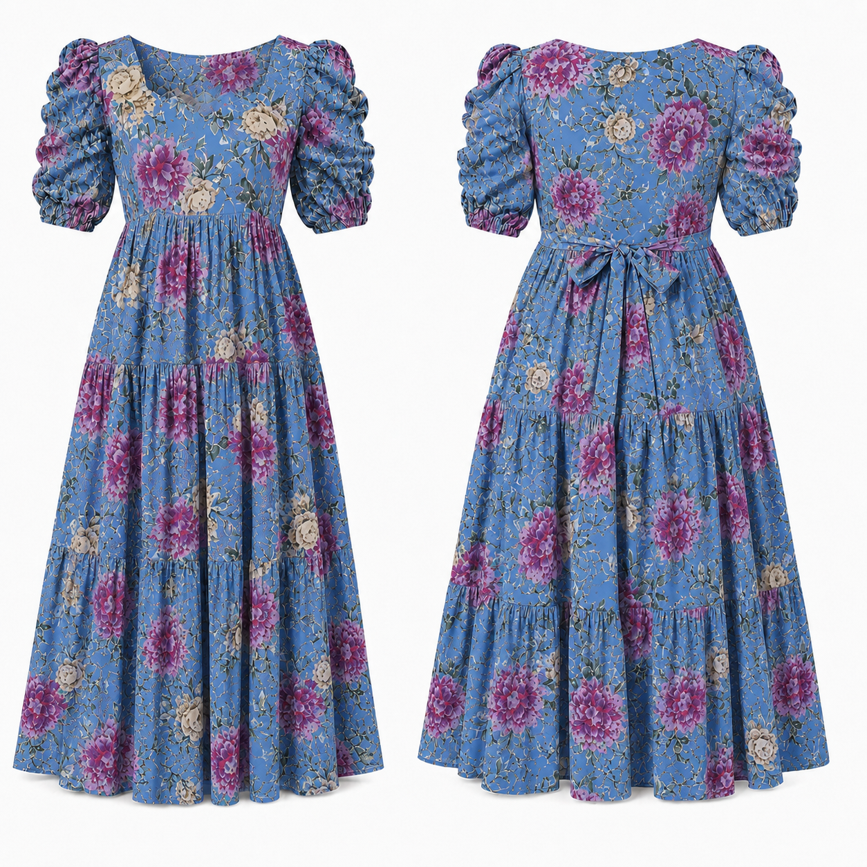 Sky Blue with Purple & Gold Roses Maxi Dress