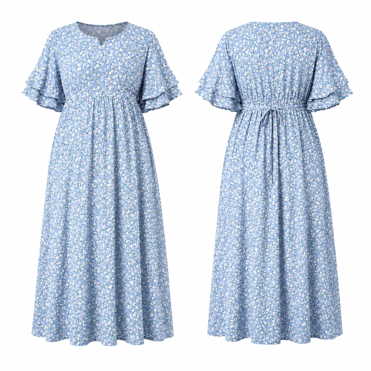 Small Flower Print Nursing Dress - Blue
