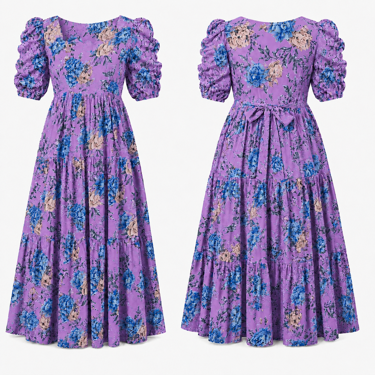 Purple with Blue & Gold Roses Maxi Dress