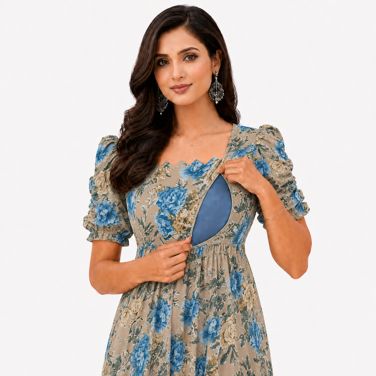 Beige with Blue & Gold Roses Maxi Dress