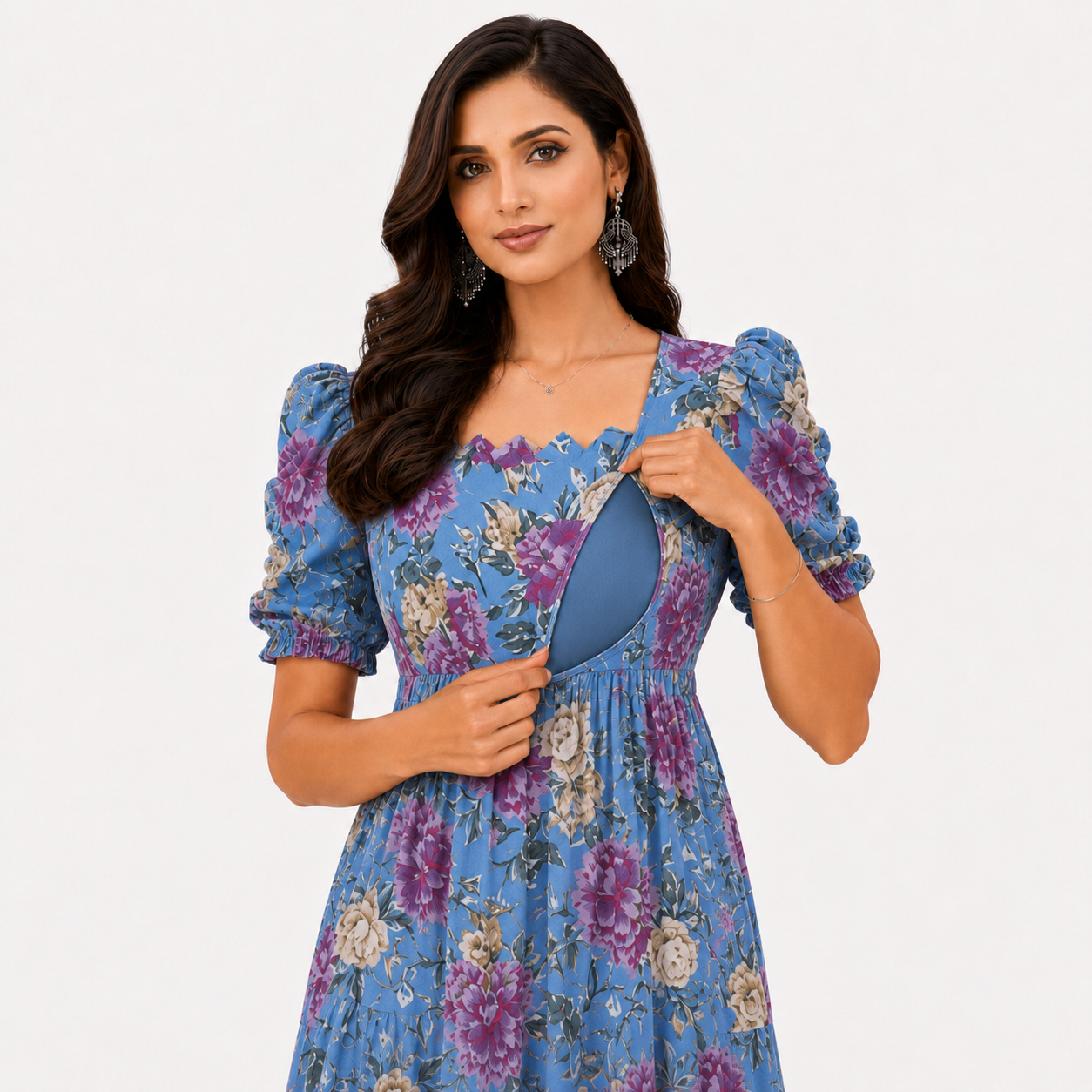 Sky Blue with Purple & Gold Roses Maxi Dress