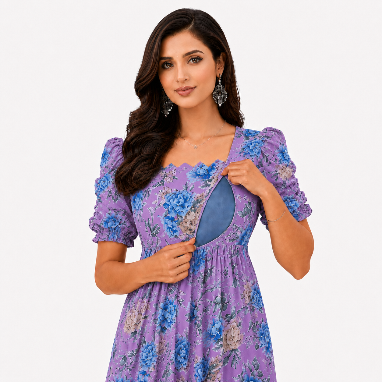 Purple with Blue & Gold Roses Maxi Dress
