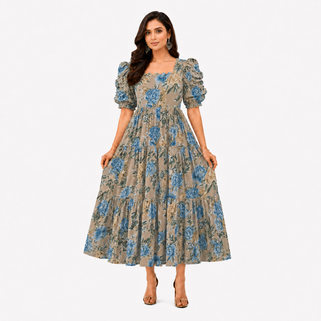 Beige with Blue & Gold Roses Maxi Dress