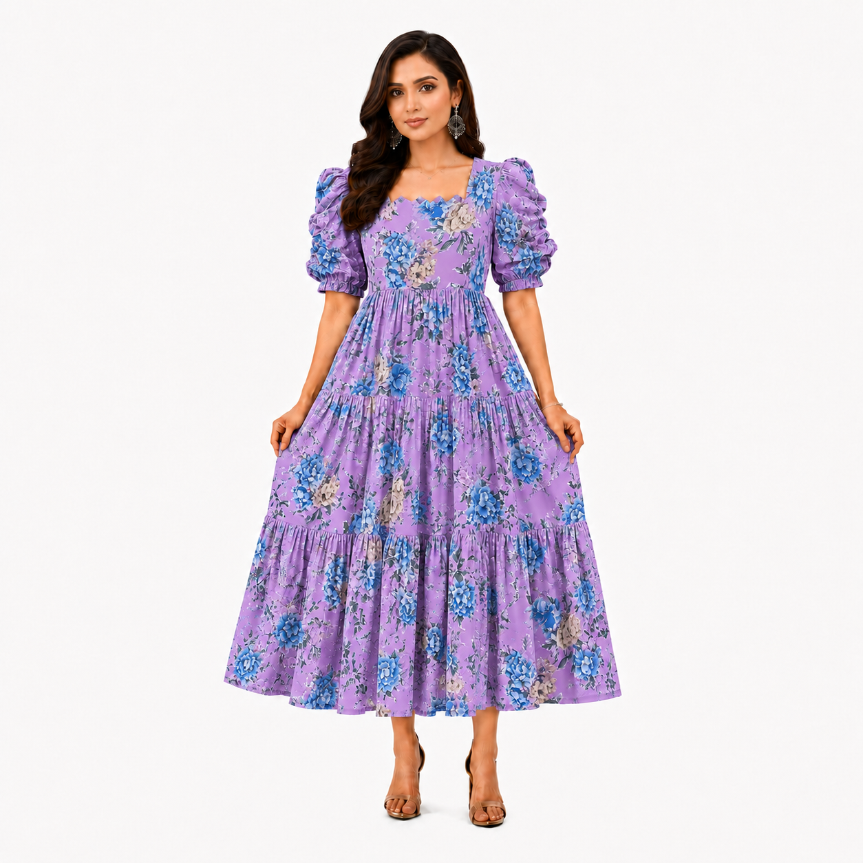 Purple with Blue & Gold Roses Maxi Dress