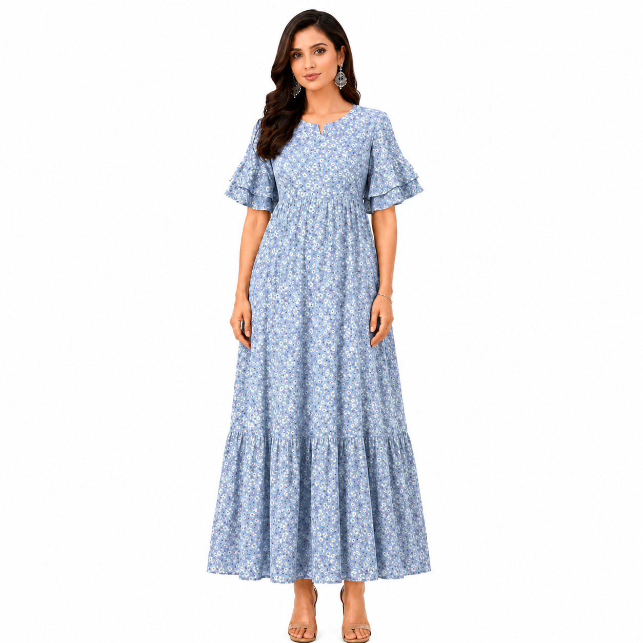Small Flower Print Nursing Dress - Blue