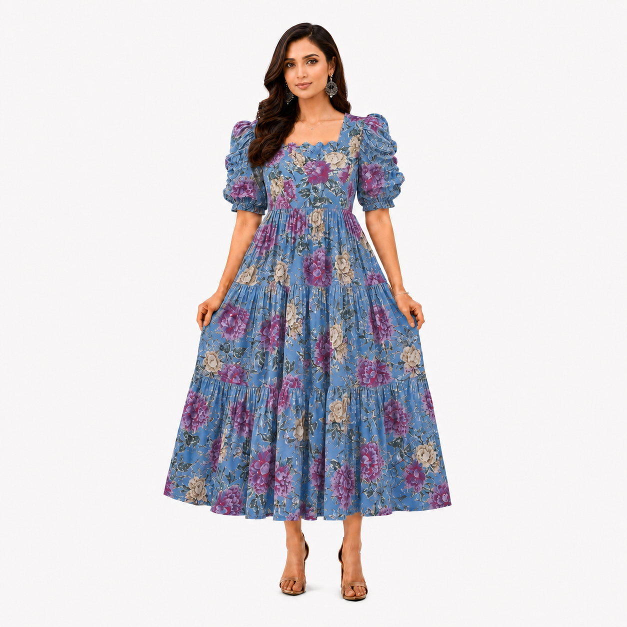 Sky Blue with Purple & Gold Roses Maxi Dress
