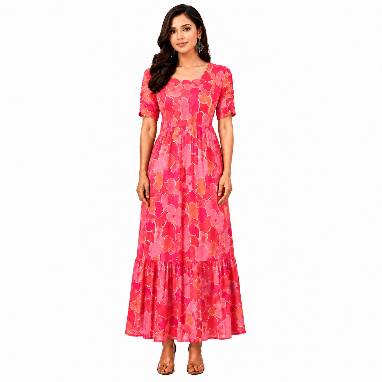 Red and Orange Flower Maxi Dress