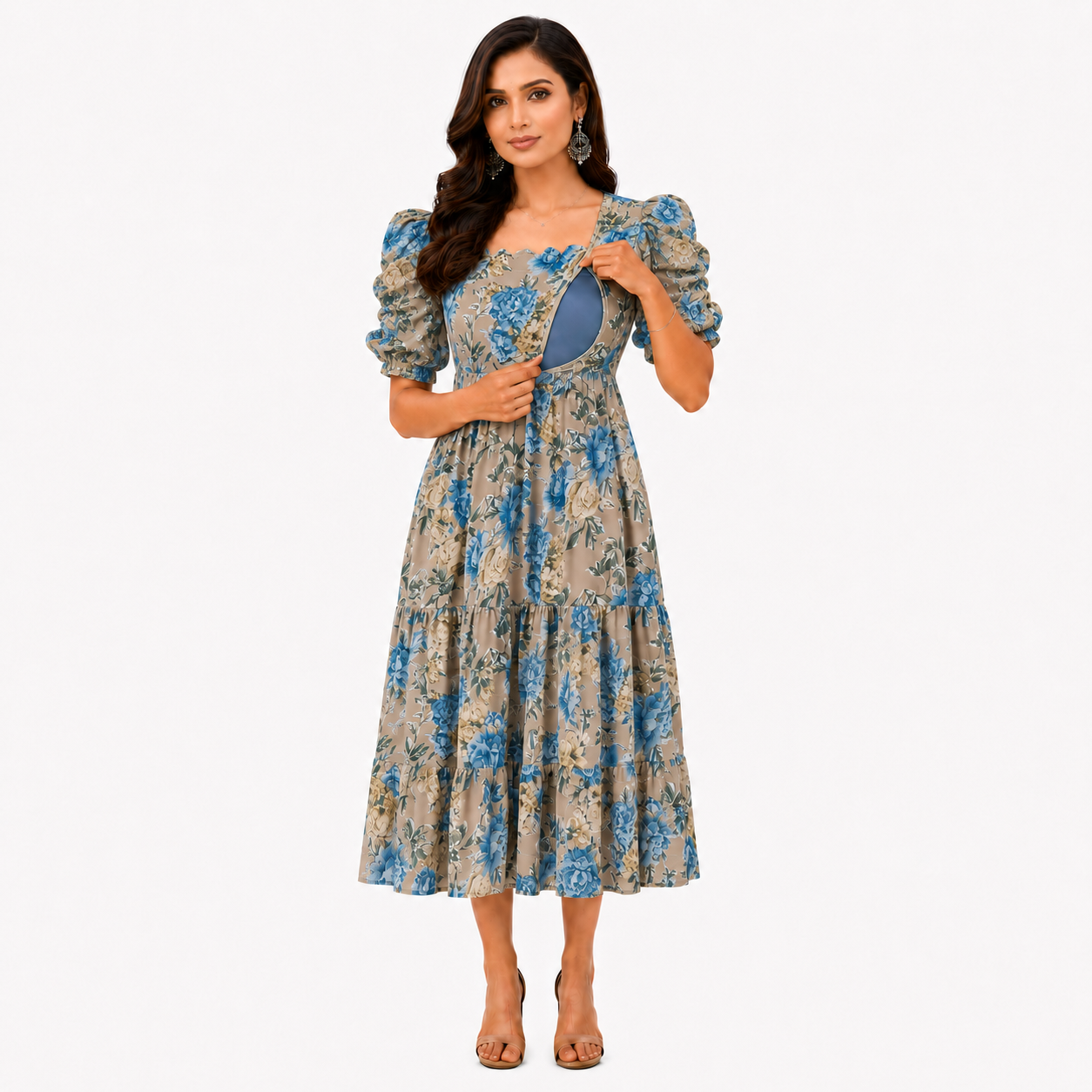 Beige with Blue & Gold Roses Maxi Dress