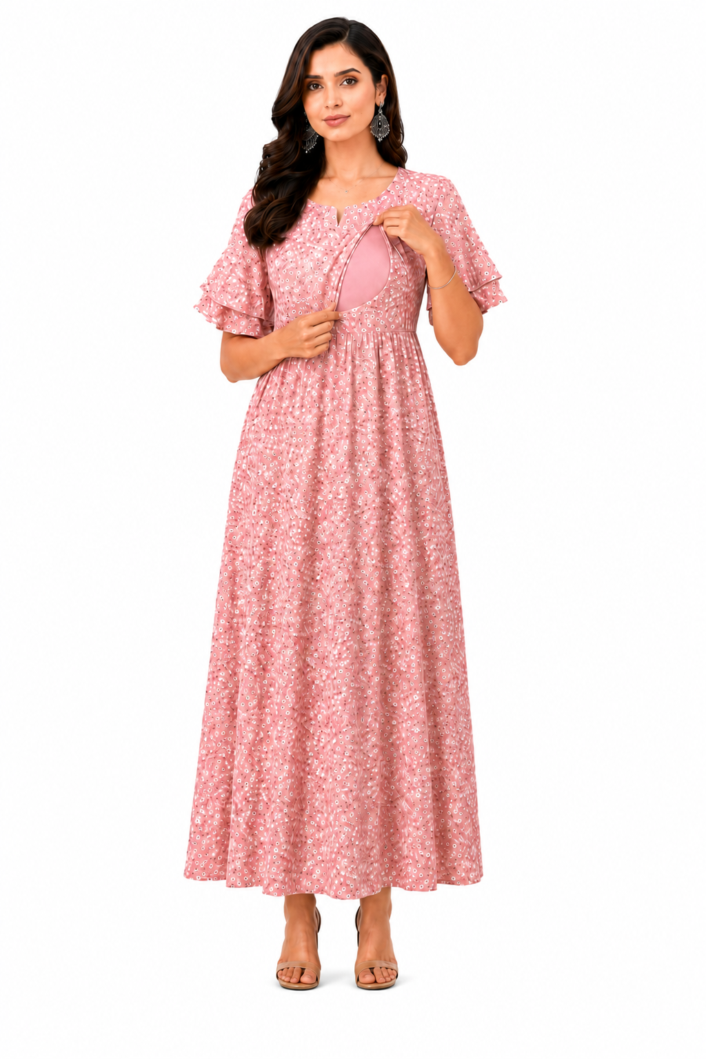 Small Flower Print Nursing Dress - Pink