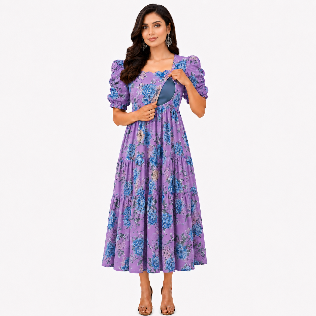 Purple with Blue & Gold Roses Maxi Dress