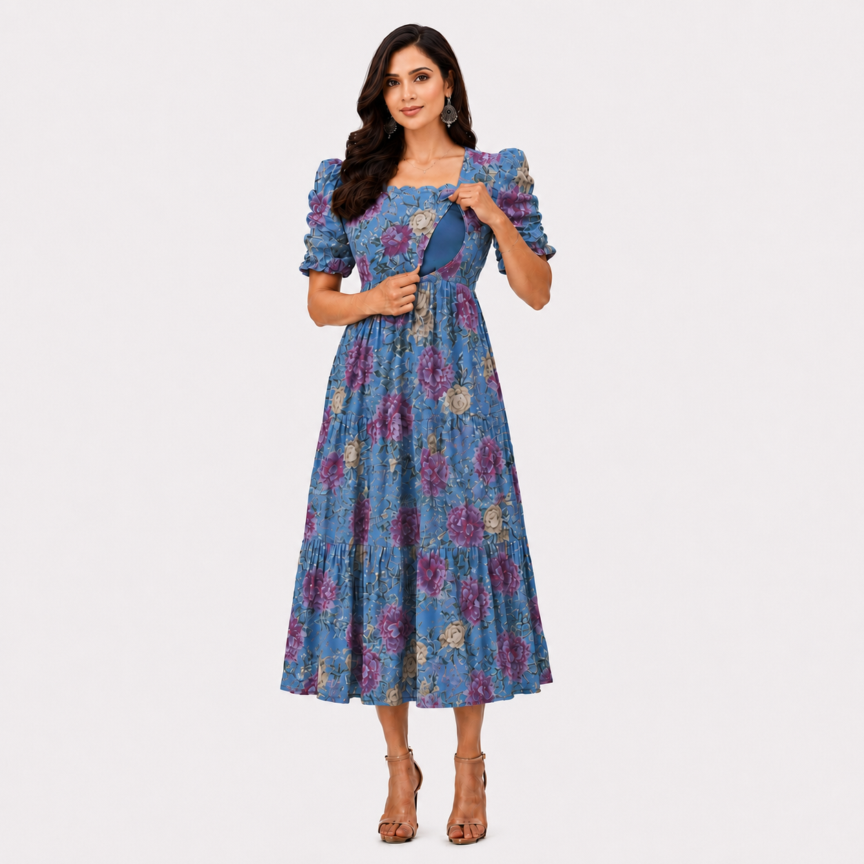 Sky Blue with Purple & Gold Roses Maxi Dress