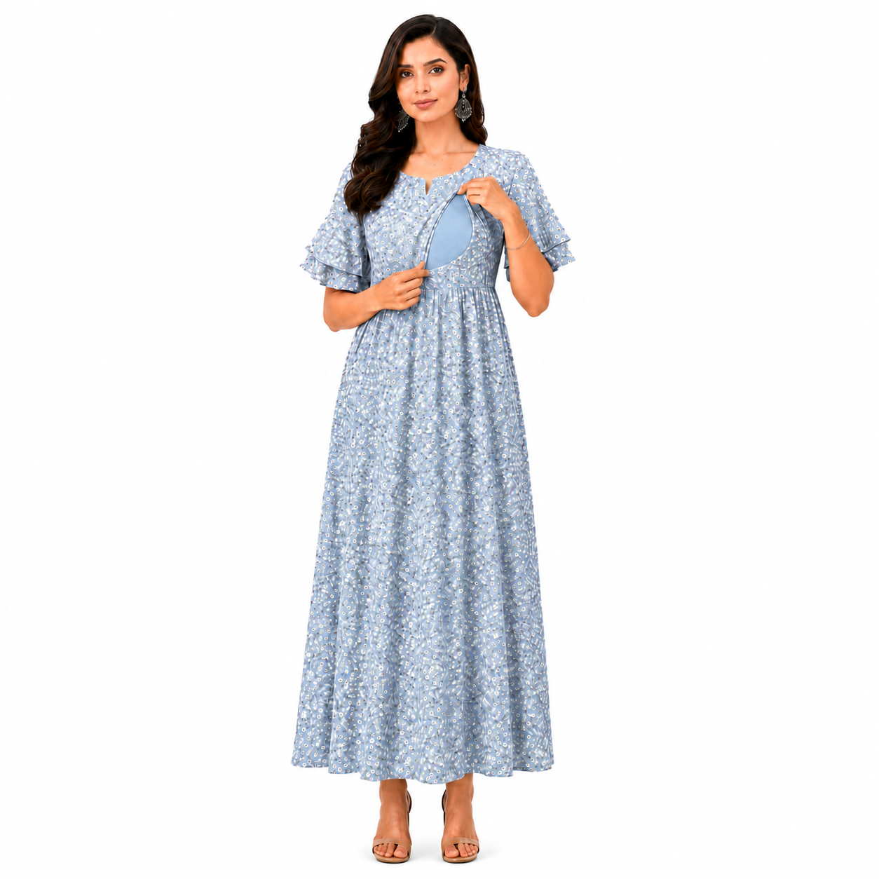 Small Flower Print Nursing Dress - Blue