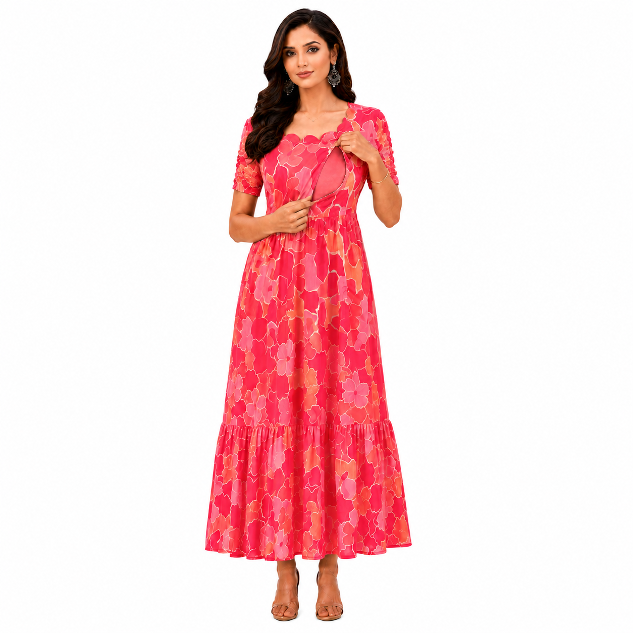 Red and Orange Flower Maxi Dress