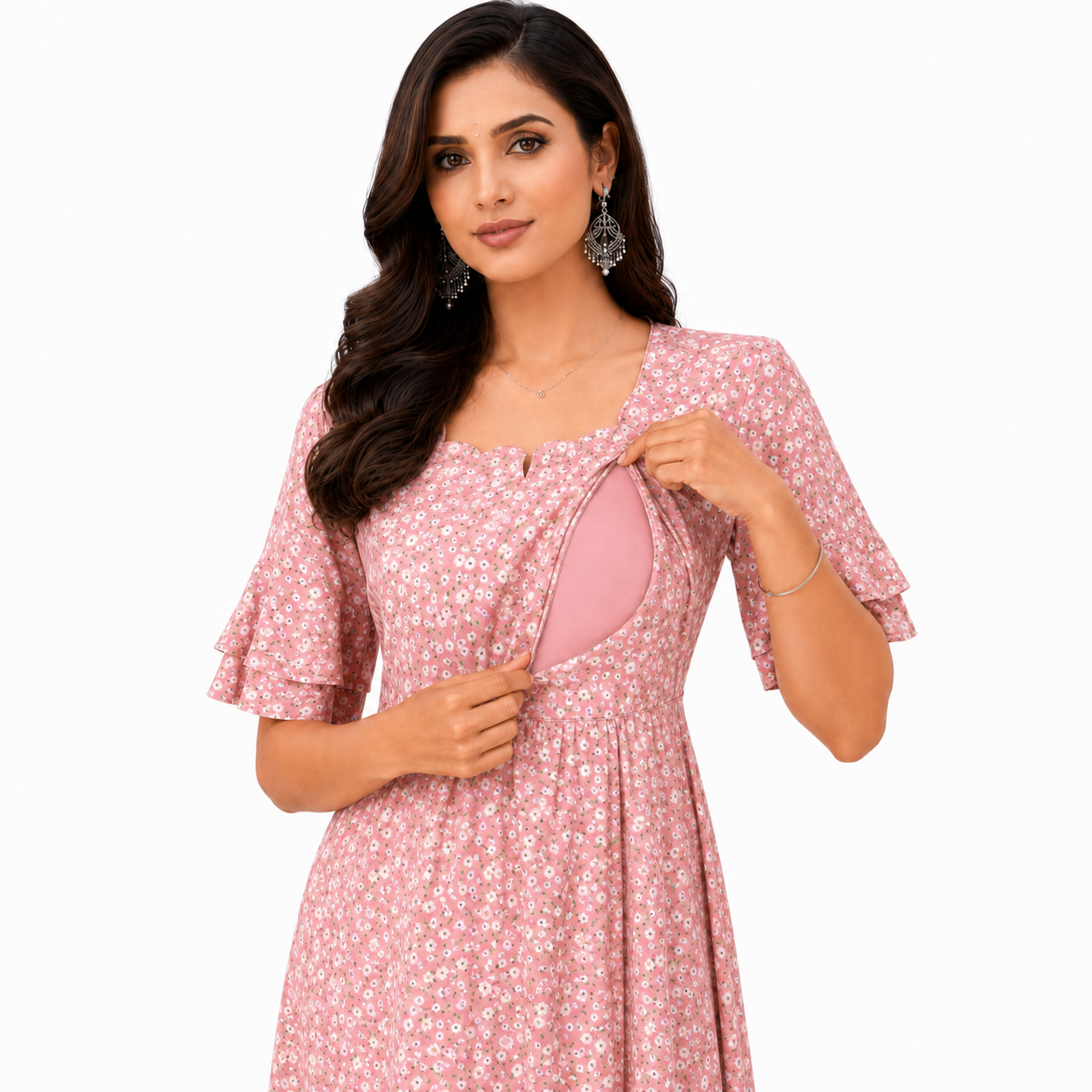 Small Flower Print Nursing Dress - Pink