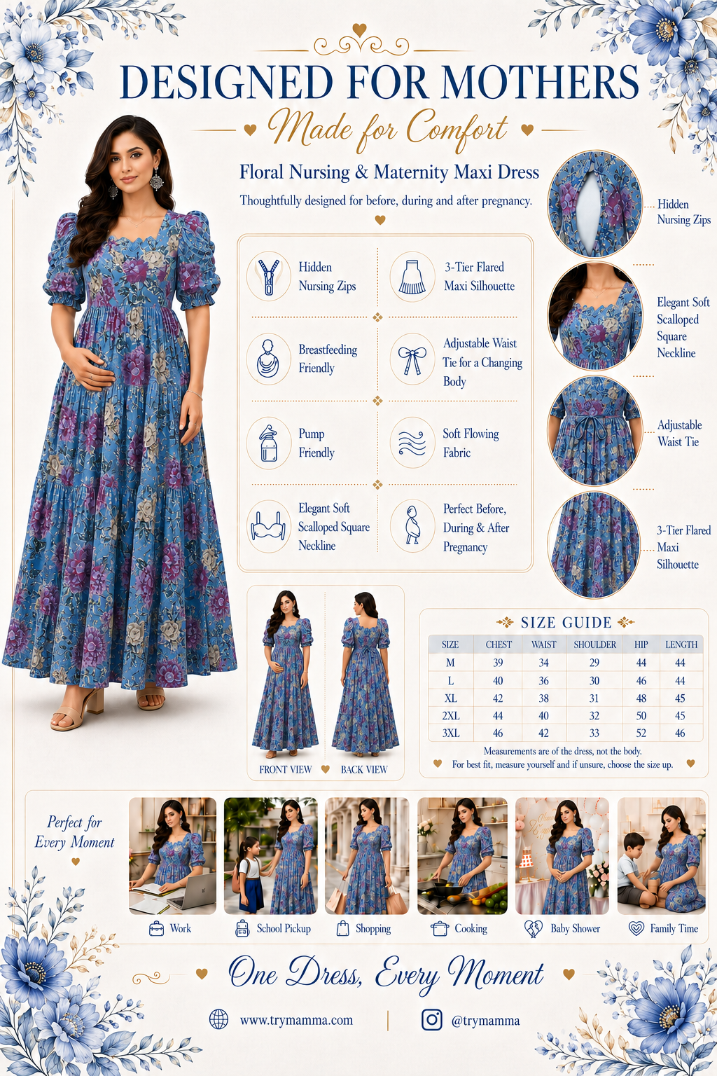 Sky Blue with Purple & Gold Roses Maxi Dress