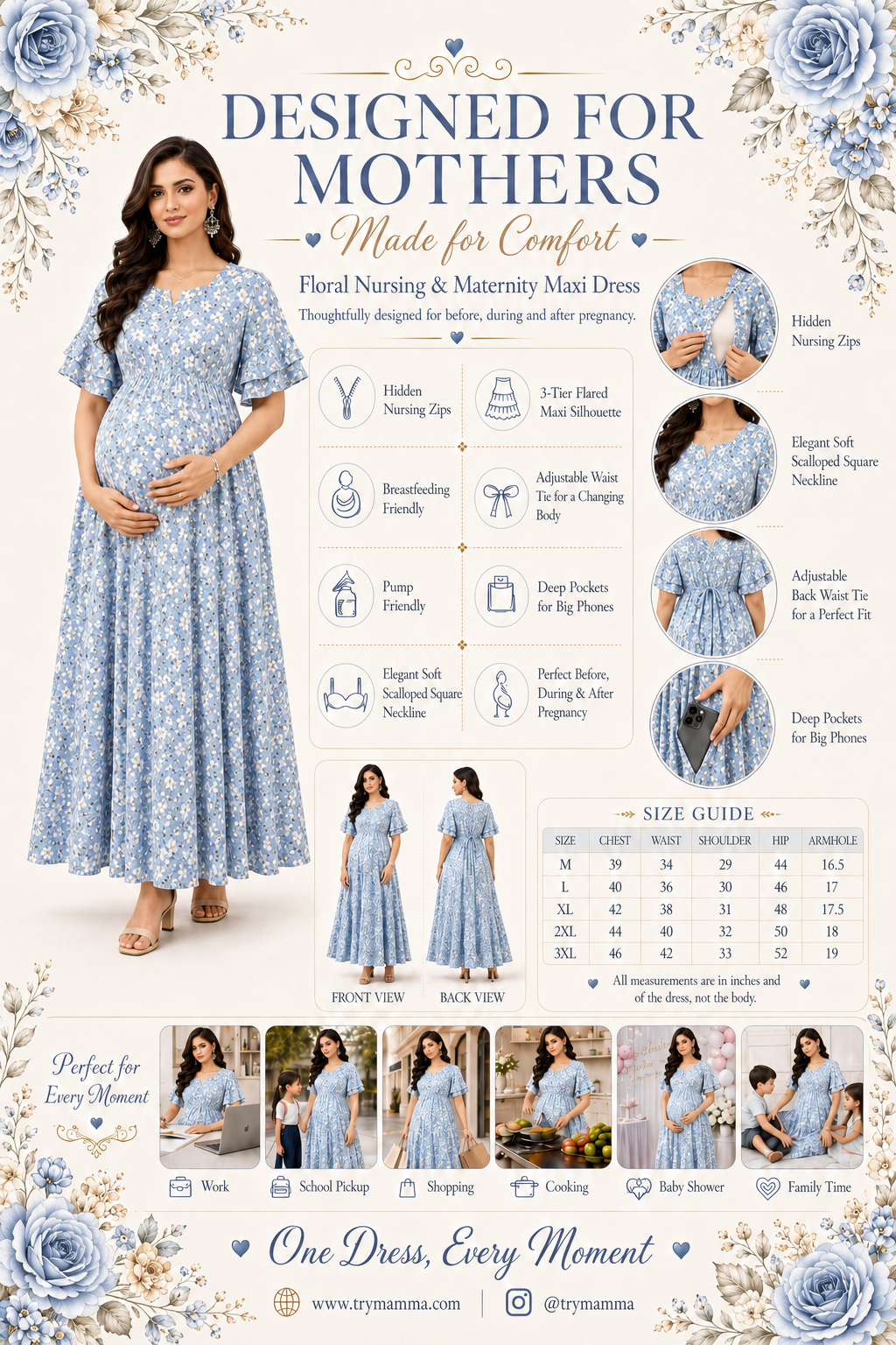 Small Flower Print Nursing Dress - Blue