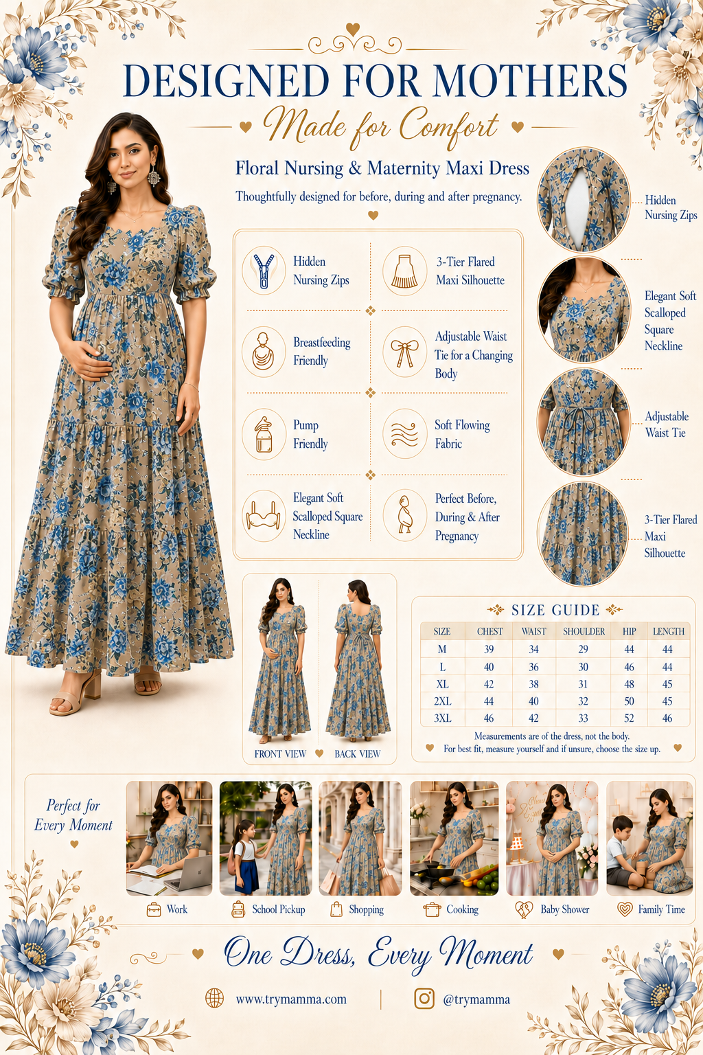 Beige with Blue & Gold Roses Maxi Dress