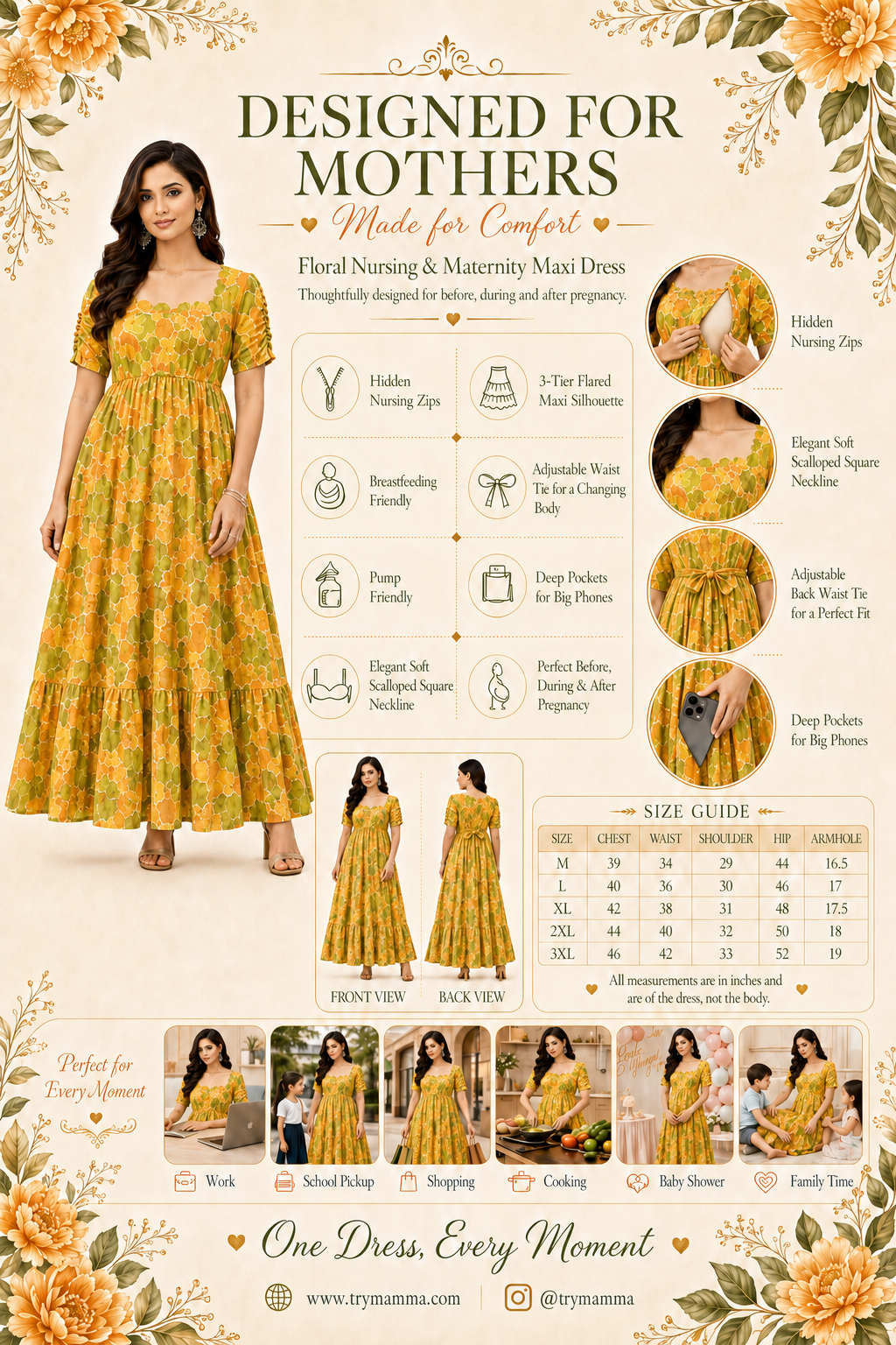 Mustard Gold Flower Maxi Dress