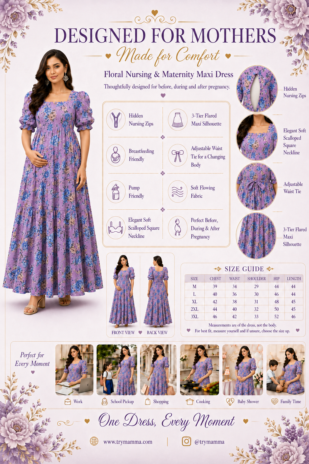 Purple with Blue & Gold Roses Maxi Dress