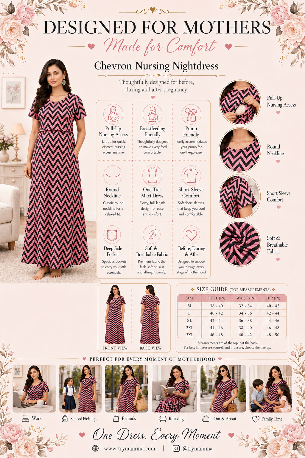Peach with Black Zig-Zag Pull-Up Nightdress