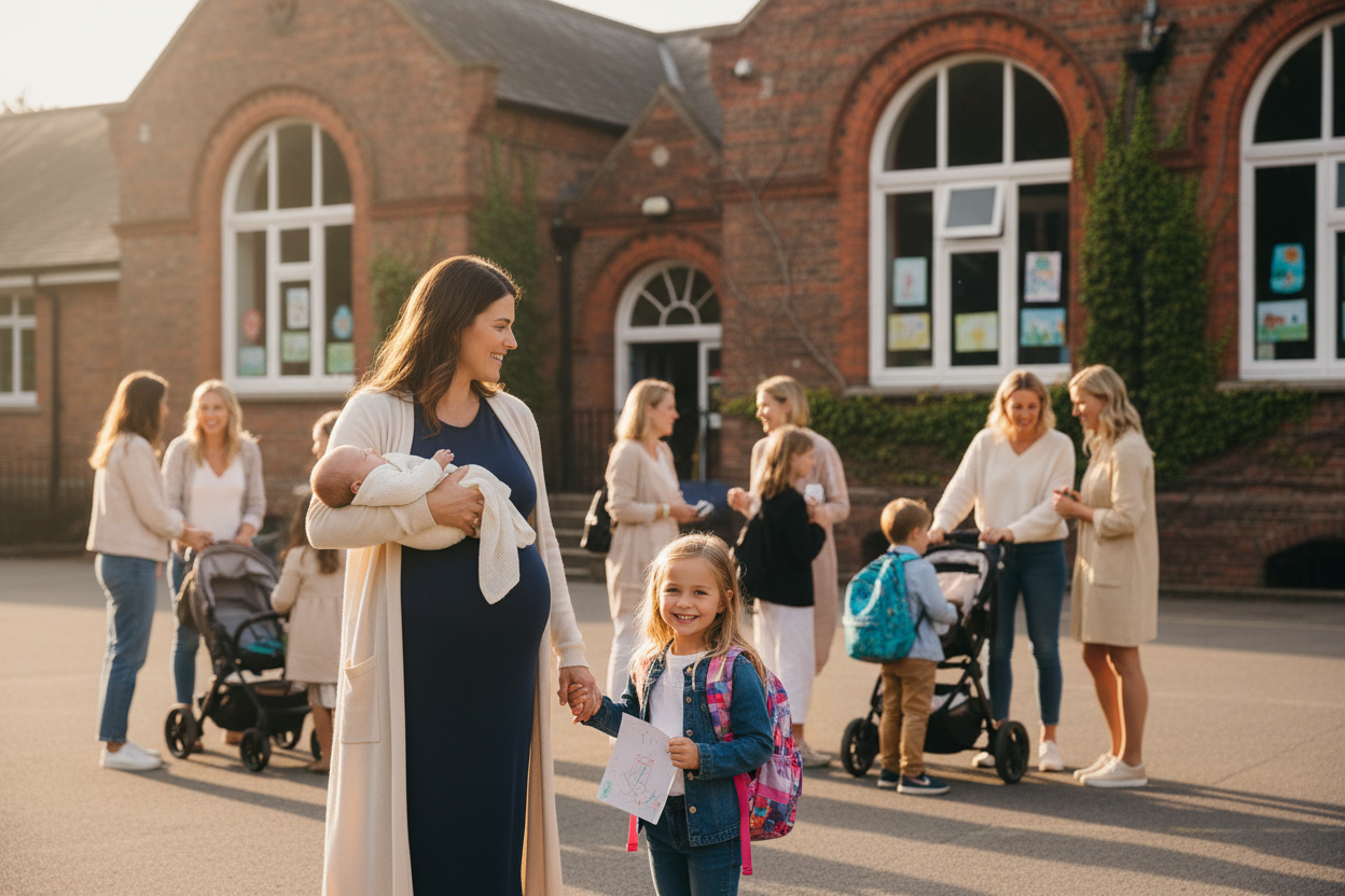 add the school in the background with other mothers